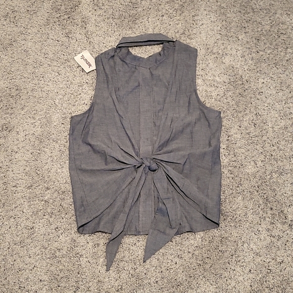 Blue button down tie back shirt. Size: S - Picture 2 of 5